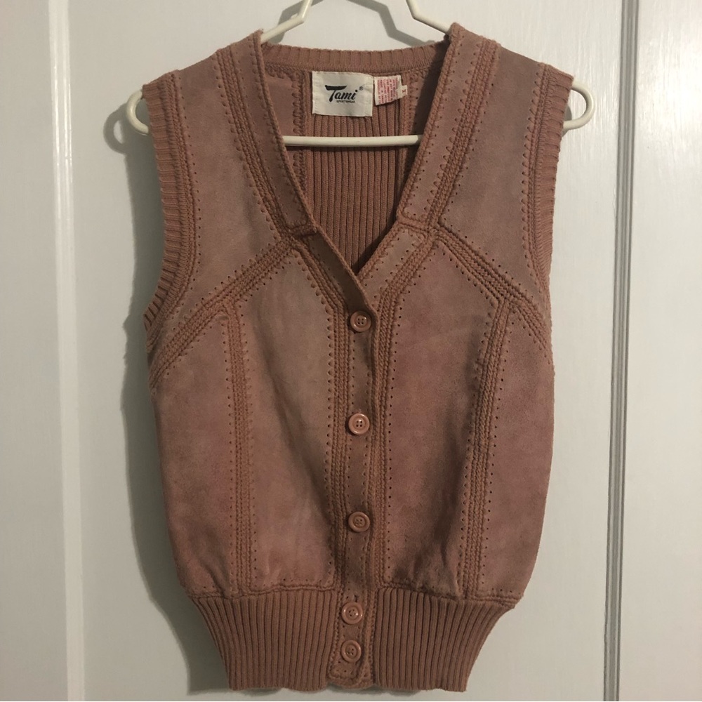 Vintage Mauve Sweater Vest Knit and Leather